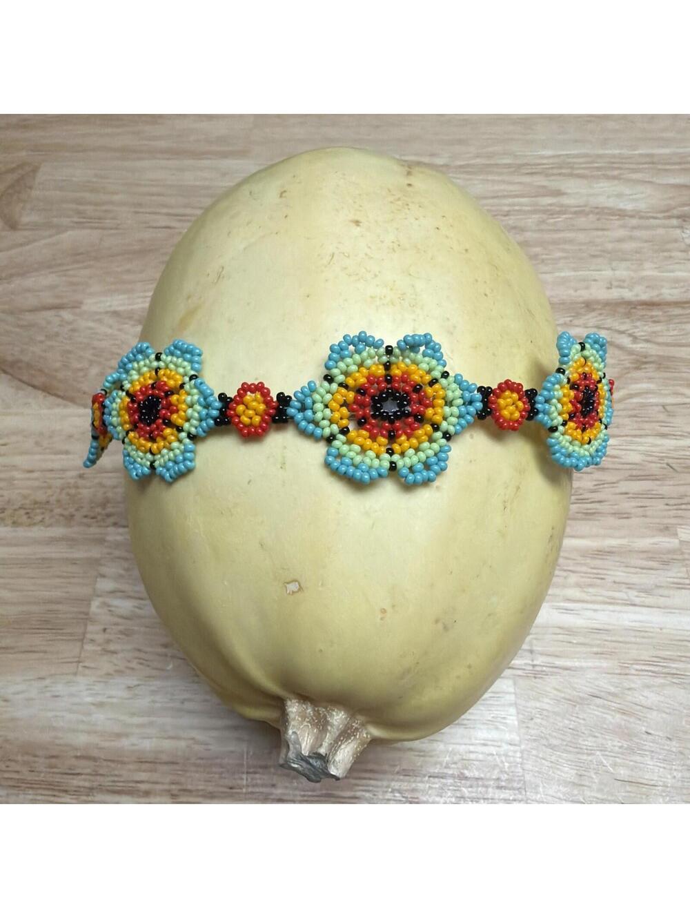 Beaded Headband South American Handmade Stretches Bright Color Flowers Festival